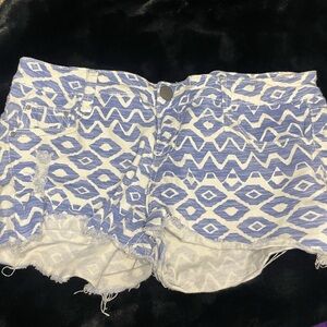 Blue and White Geometric Jean Shorts